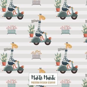 Girafe in a motorbike seamless pattern for fabric by Marta Munte